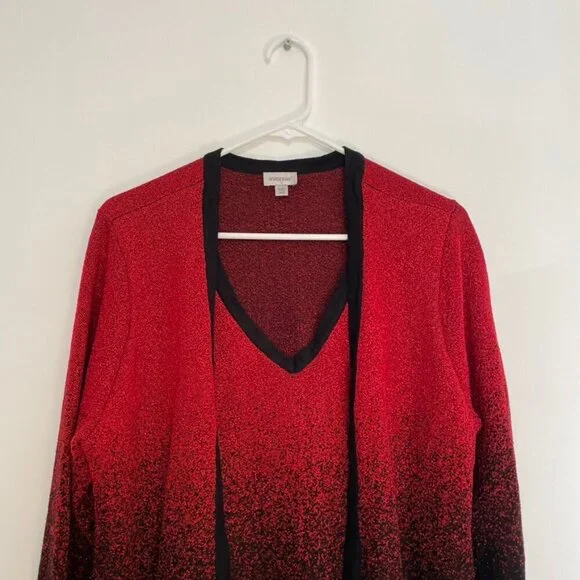 AVENUE Plus Size Red Metallic Black Ombre Twin Set Twinset Top Cardigan Sweater - Picture 2 of 11